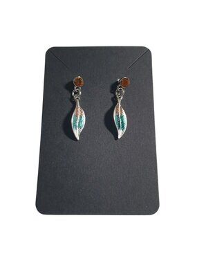 Leaf Shape Drop Earrings Silver Green Orange Post Back Stylish Handmade Jewelry